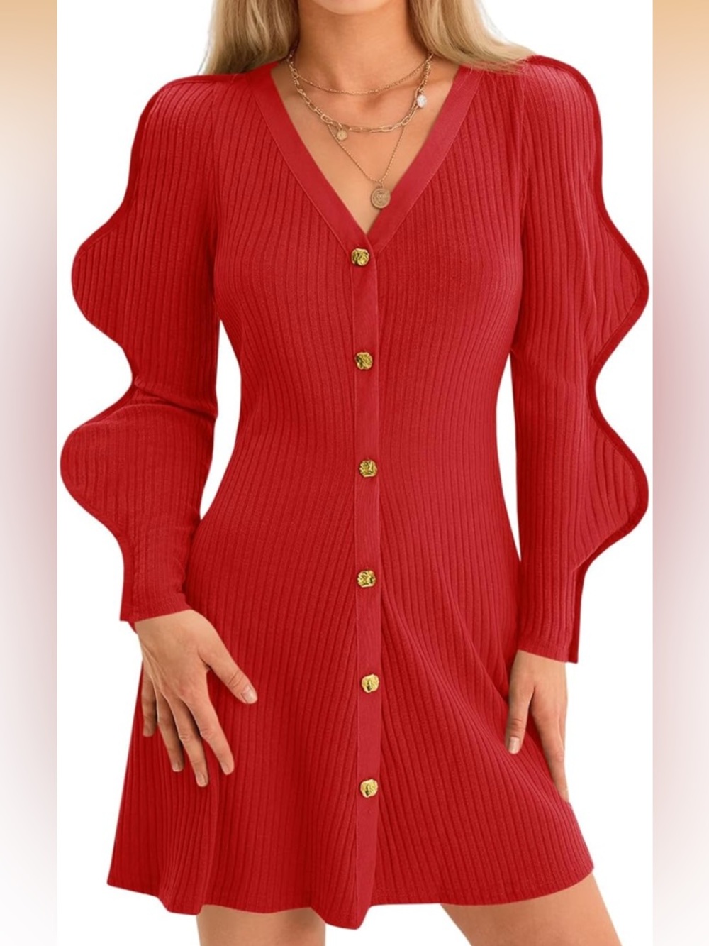 Red Ribbed V-Neck Mini Dress with Statement Sleeve